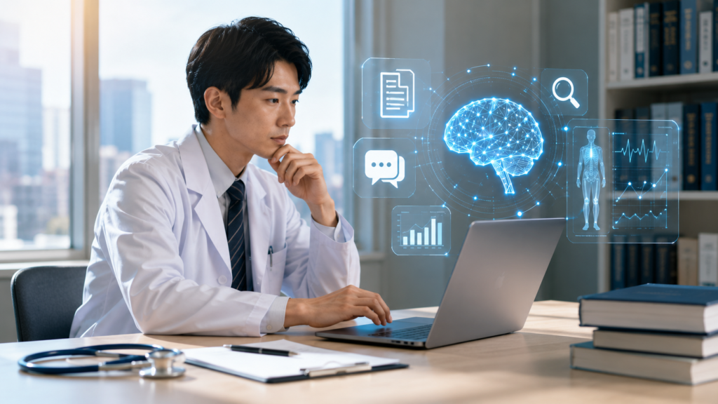 日本人医師が病院の診察室で、タブレットPCの画面と医療雑誌を真剣に照らし合わせ、考察している様子を捉えたアイキャッチ画像。生成AIと医学的エビデンスの融合を象徴している。