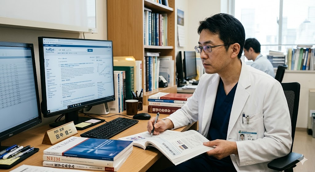 医学論文検索にAIを活用する日本人医師の様子。パソコン画面の検索結果と傍らの医学雑誌を真剣に見比べる、信頼性と専門性を感じさせる画像