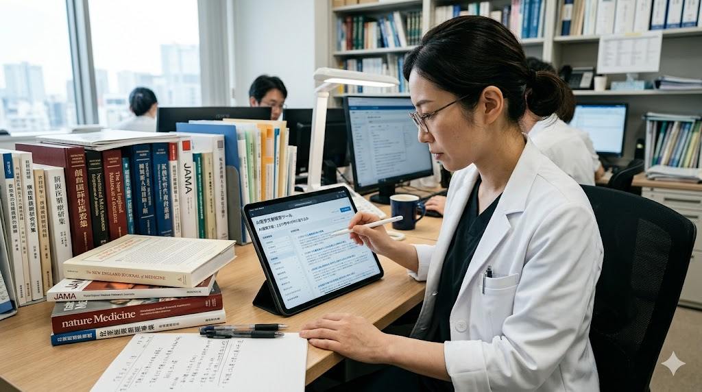 日本人女性医師がタブレット端末のAIツールを使い、膨大な医療データから効率的に文献候補を絞り込む様子。傍らに置かれた原著論文へのスムーズなアクセスを表現している