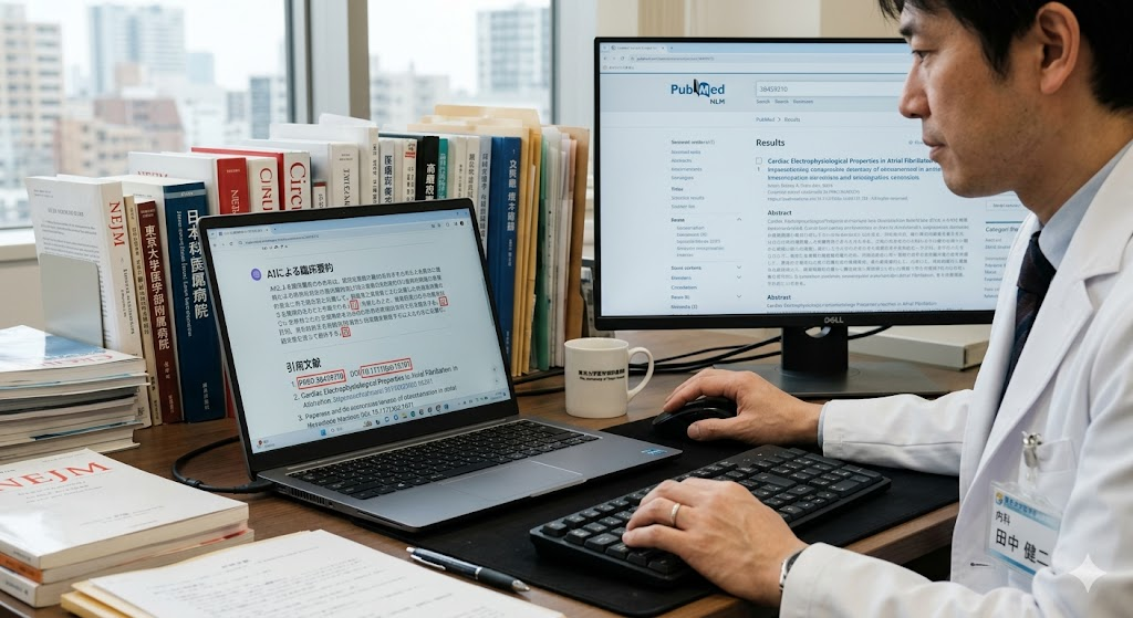 日本人医師の手元。PC画面に表示されたAIの回答（抽象的な要約と引用マーカー）から、傍らの大きなモニターに開かれたPubMed検索画面（抽象的）へと、論文情報（PMIDやDOIを象徴するコード）を使って原著を逆引きしようとする様子