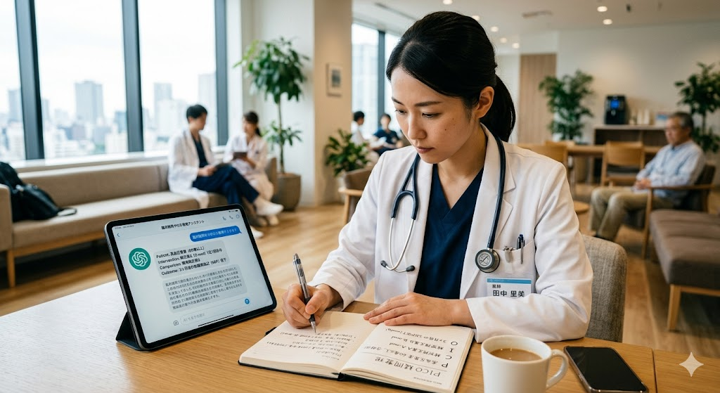 日本人女性医師が、病院のラウンジでタブレット端末（汎用AIとの対話を象徴）を使いながら、手元のノートに臨床疑問をPICO（Patient, Intervention, Comparison, Outcome）の項目に沿って整理している様子。検索前の効率的な準備作業を表現。