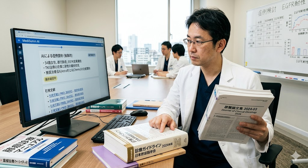 日本人医師がカンファレンスルームで、PC画面のAIによる要約（抽象的）を確認しつつ、手元に積まれた厚い医学原著論文の束と診療ガイドラインをしっかりと手に取り、最終確認を行っている様子。AIを慎重に使いこなす責任感を表現。