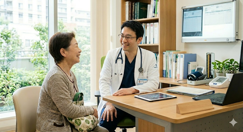 診察室で、患者と笑顔で向き合い、アイコンタクトを取りながら会話する日本の男性医師。AI活用により生まれた患者との対話時間を象徴