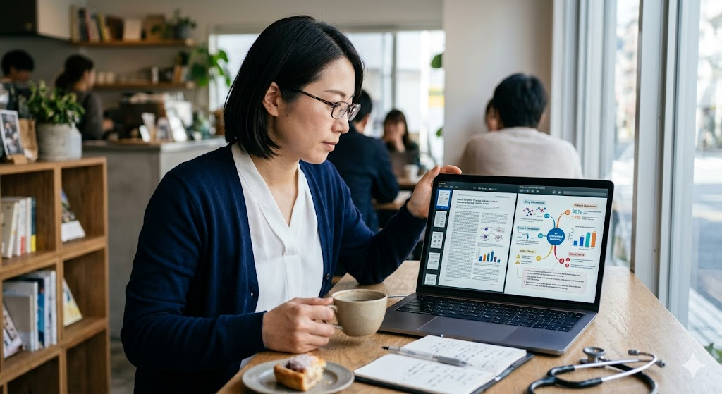 カフェで、ノートパソコンの画面に表示された英語論文の原文と、AIによって整理された要約（概念図）を確認する日本の女性医師