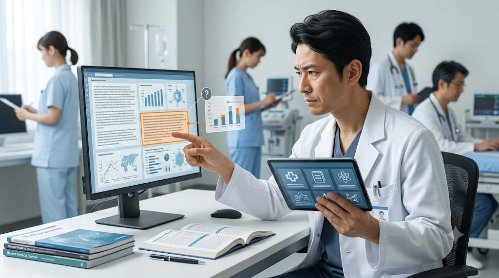 AIが事実ではない情報を提示するハルシネーションのリスクを、臨床現場で慎重に確認する日本人医師