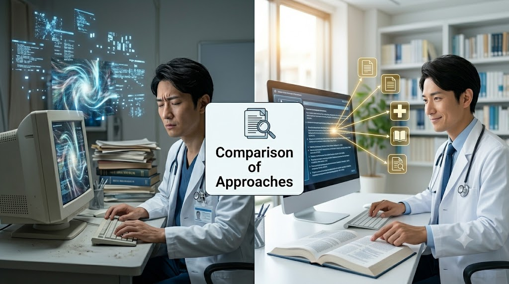 教科書(ガイドライン)を参照しながら回答を導き出すRAG AIと、記憶に依存するAIの対比